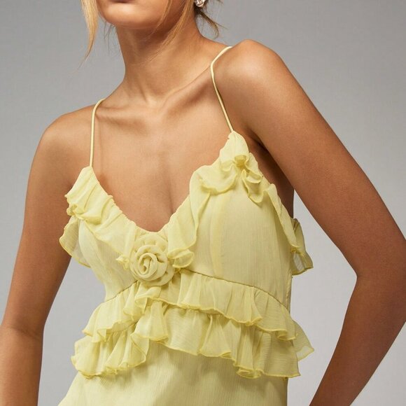 Yellow Boho Women's Ruffle Spaghetti Strap Tiered Flounce cocktail Mini Dress - Picture 4 of 6